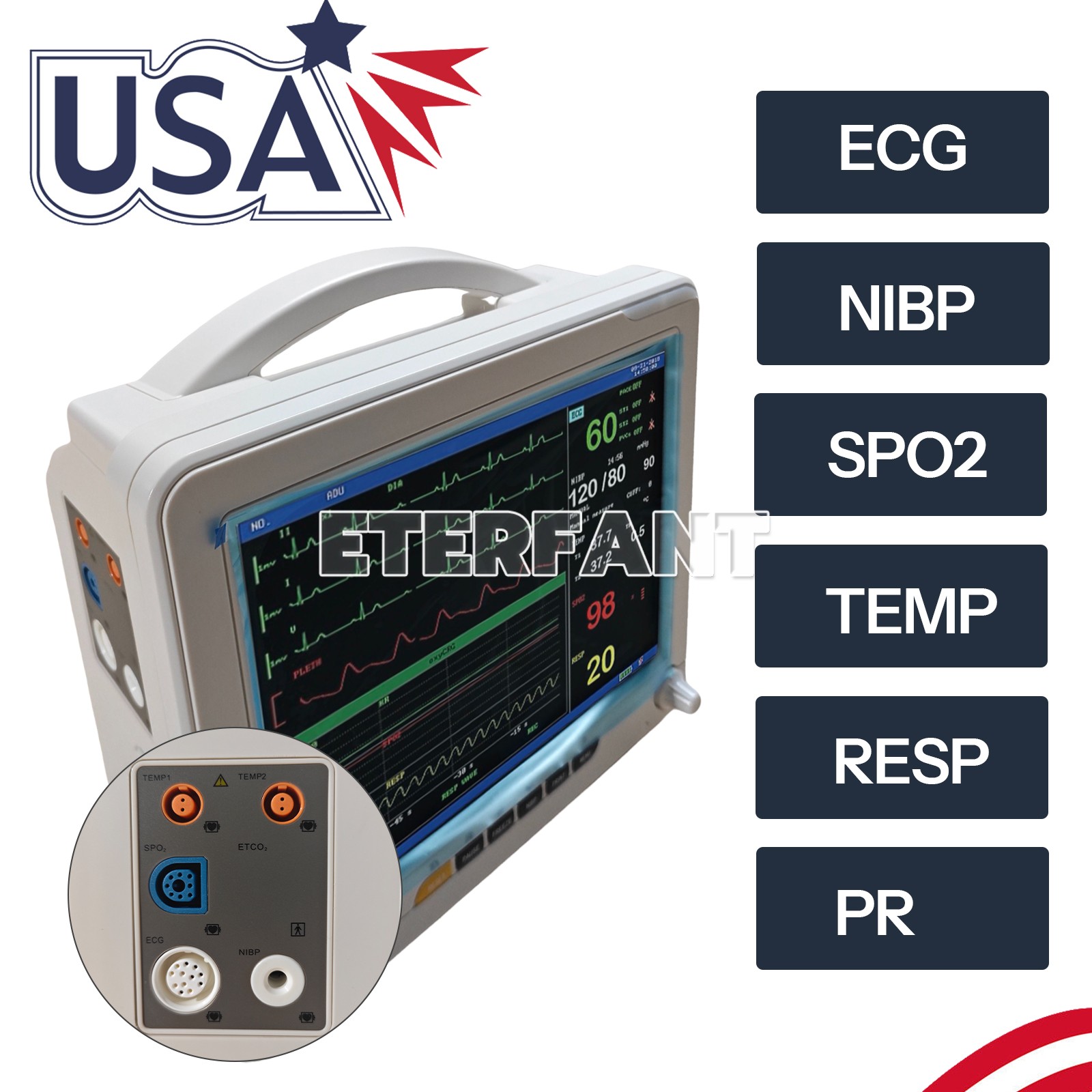 ETERFANT Patient Monitor Multi-Parameter Vital Signs ECG/NIBP/TEMP/RESP/SPO2/PR
