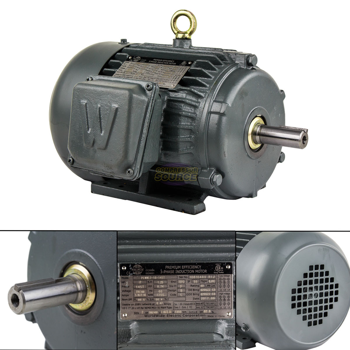 2 HP 3 Phase Electric Motor 1800 RPM 145T Frame TEFC 230/460V Premium Efficiency