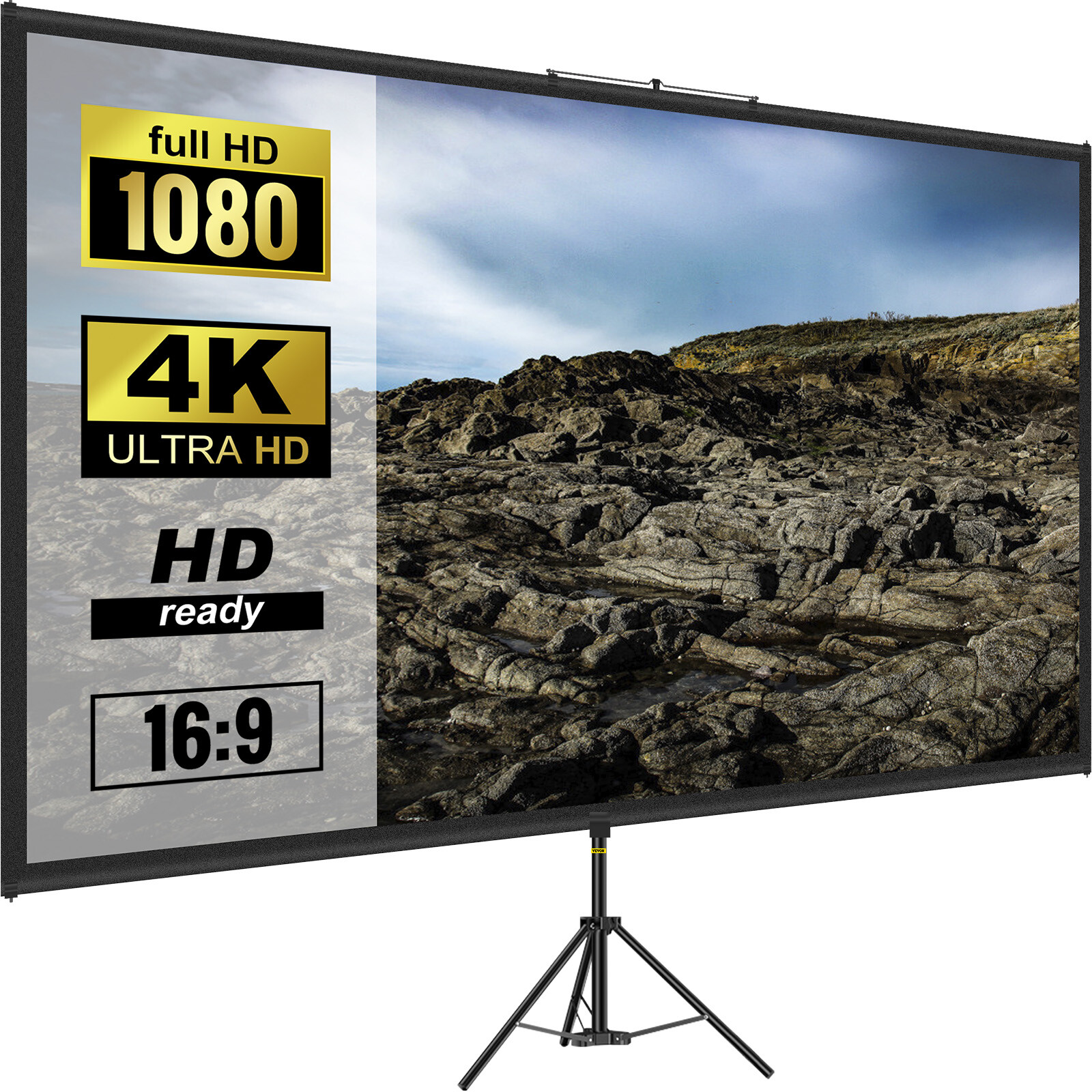 VEVOR Tripod Projector Screen with Stand 70 inch 4K HD 16:9 Home Cinema Portable