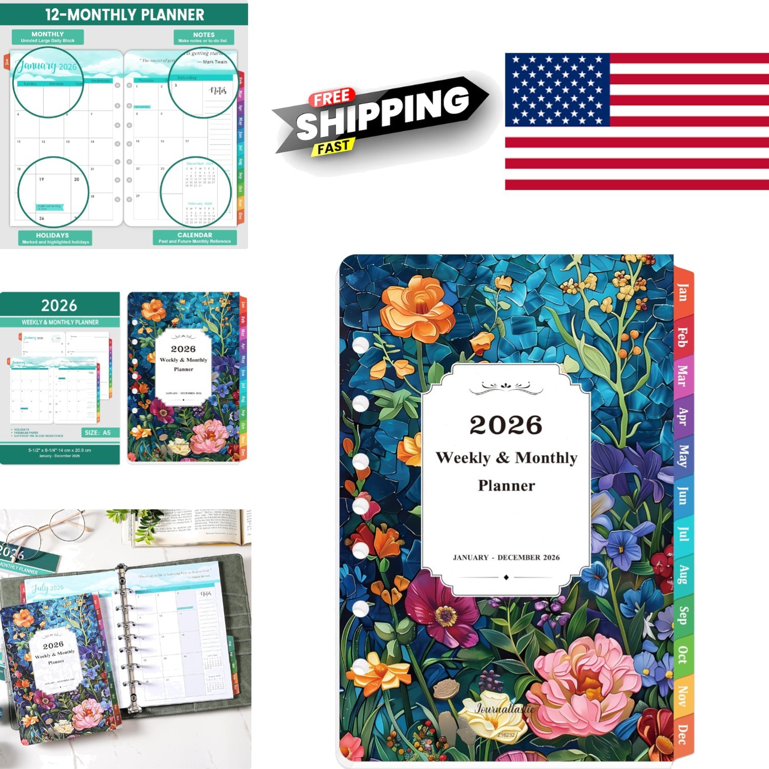 2026 Calendar Planner Inserts A5 5.5 Inch x 8.5 Inch with Flexible Removal Tabs