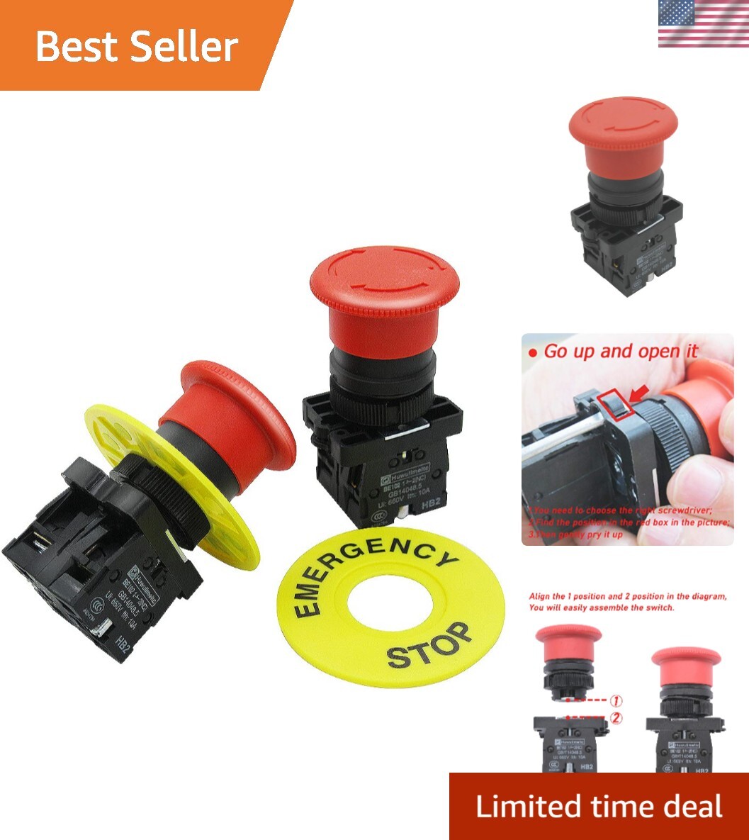 High Voltage Latching Push Button Switch NC – Red Mushroom Design (2 Pack)