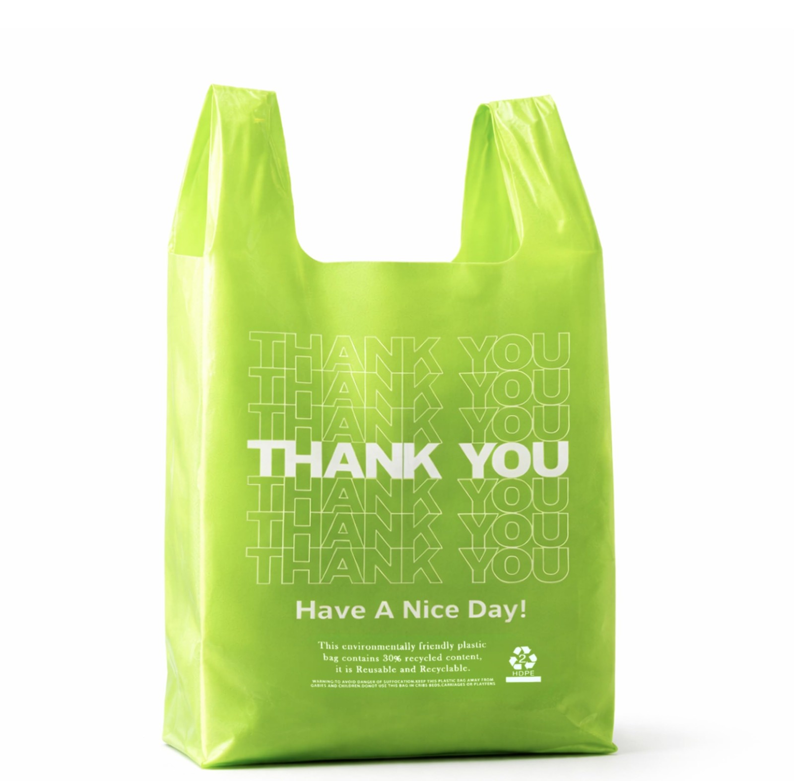 YoYoRain 100 Pack “Thank You” T-Shirt Bags – Green Plastic Shopping Bags with