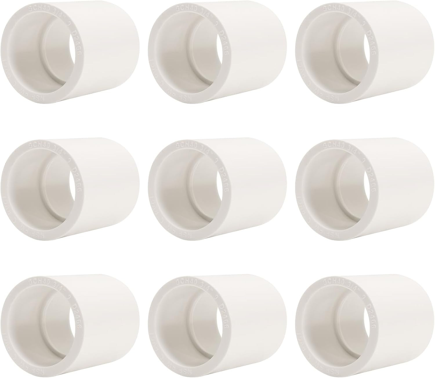 9 Pack 3/4 Inch White PVC Pipe Coupling, Socket X Socket, Schedule 40 Heavy Duty