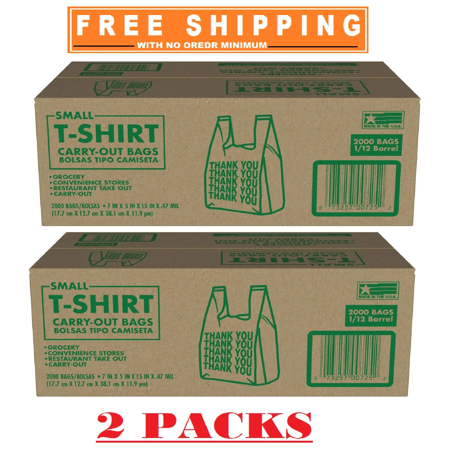 2 PACKS- Small T-Shirt Carry-Out Bags, 7″ x 5″ x 15″ (2000 ct.)