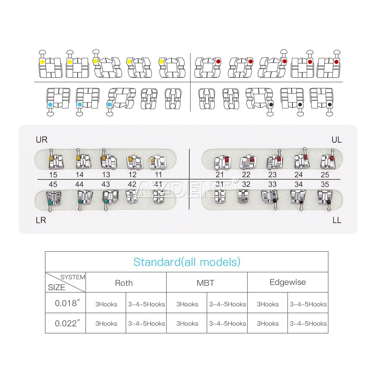 20 Packs AZDENT Dental Orthodontic Brackets Braces Standard Roth.022″ Hooks 345