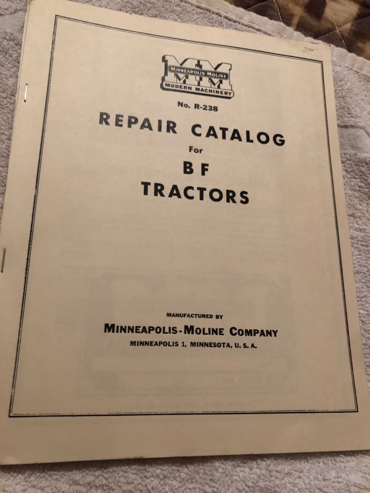 Vintage, Minneapolis-moline Repair catalog R-238 for BF Tractors